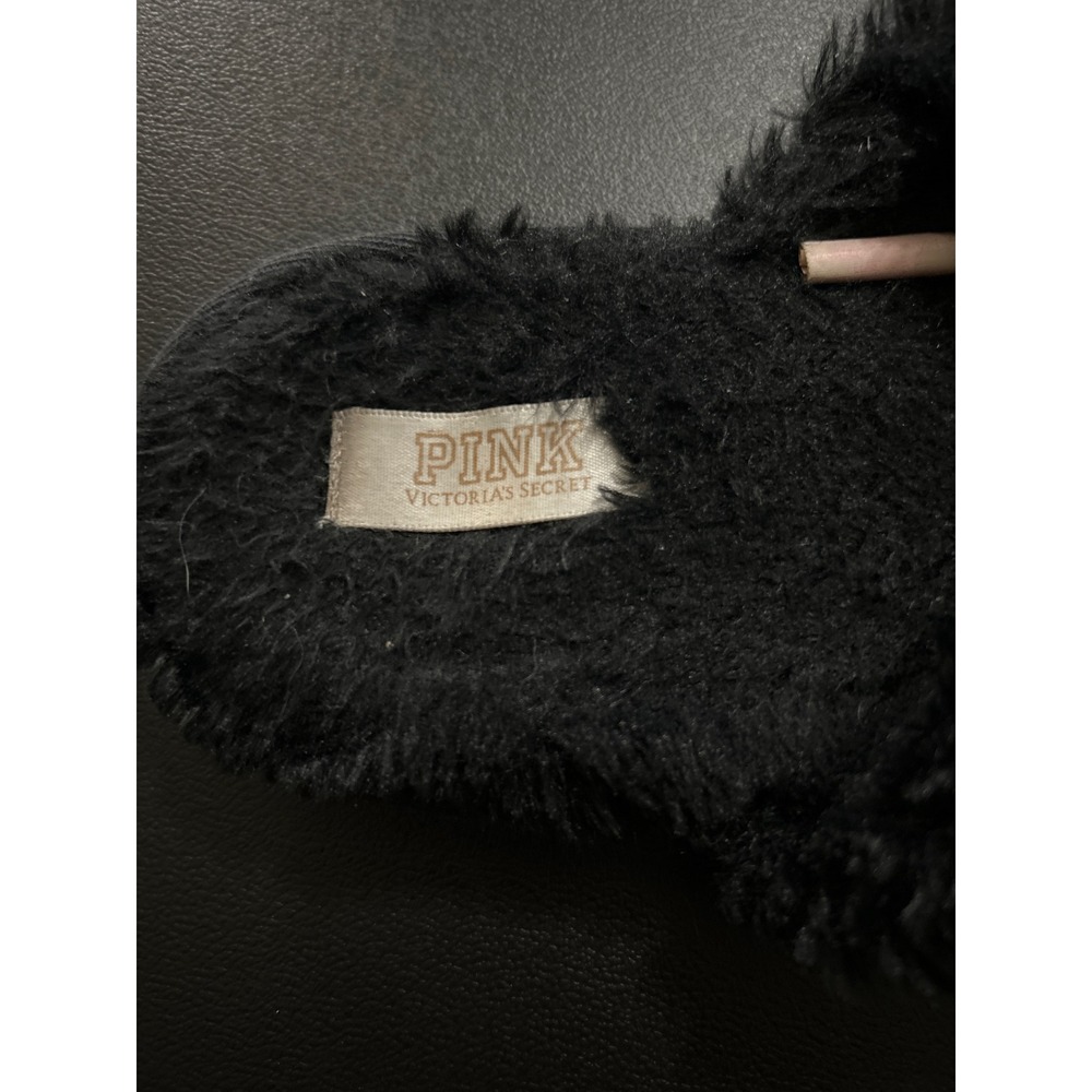 Victoria's Secret PINK Black Faux Fur Fuzzy Slide Slippers Comfy‎ Cozy - Picture 3 of 3